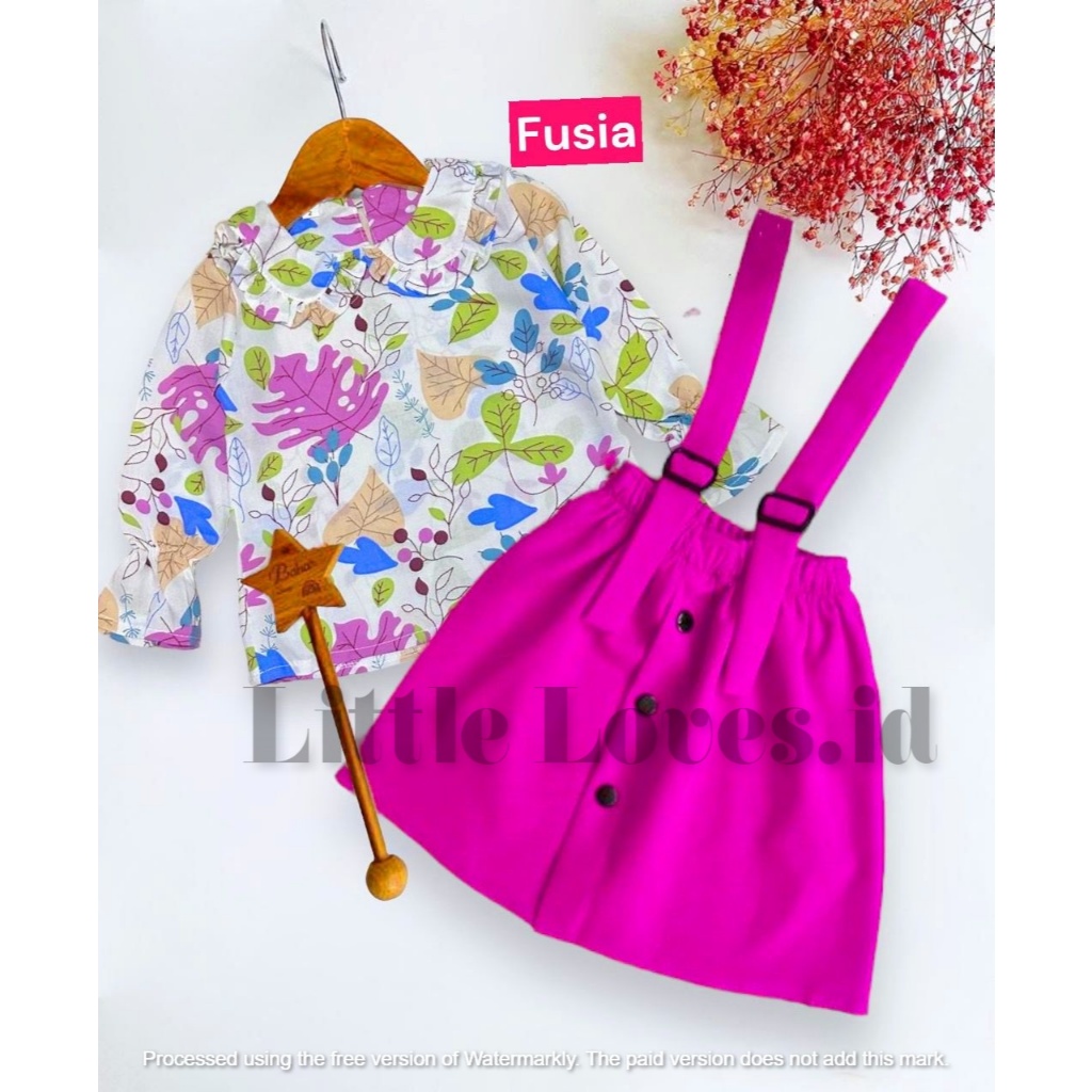 One set Overall anak perempuan bahan rayon kombinasi syakila motif bunga dan overall polos usia 1 sa