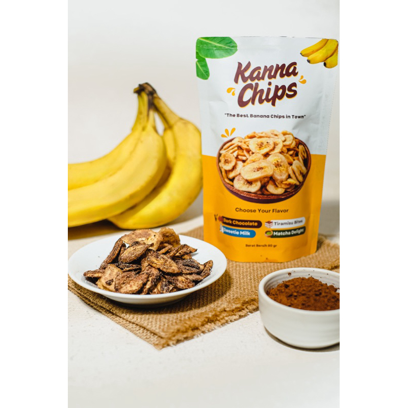 

Kanna Chips - Banana Chips Dark Chocolate - Keripik Pisang Rasa Cokelat - Bumbu Tebal Renyah 80gr