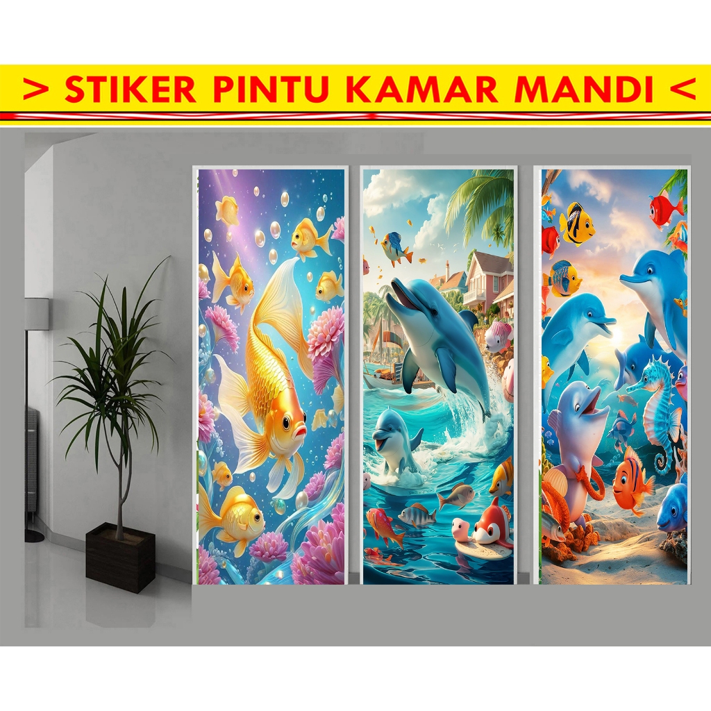STIKER PINTU KAMAR MANDI, STIKER PINTU TOILET/WC MOTIF WALLPAPER  IKAN