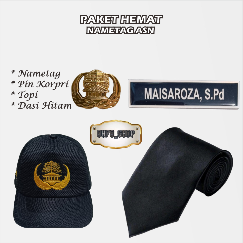 

Paket Nametag papan nama dada PNS Lencana Korpri / Topi Korpri Gol 1 / paket latsar Korpri (Nametag, Pin Korpri, Dasi & Topi Korpri)