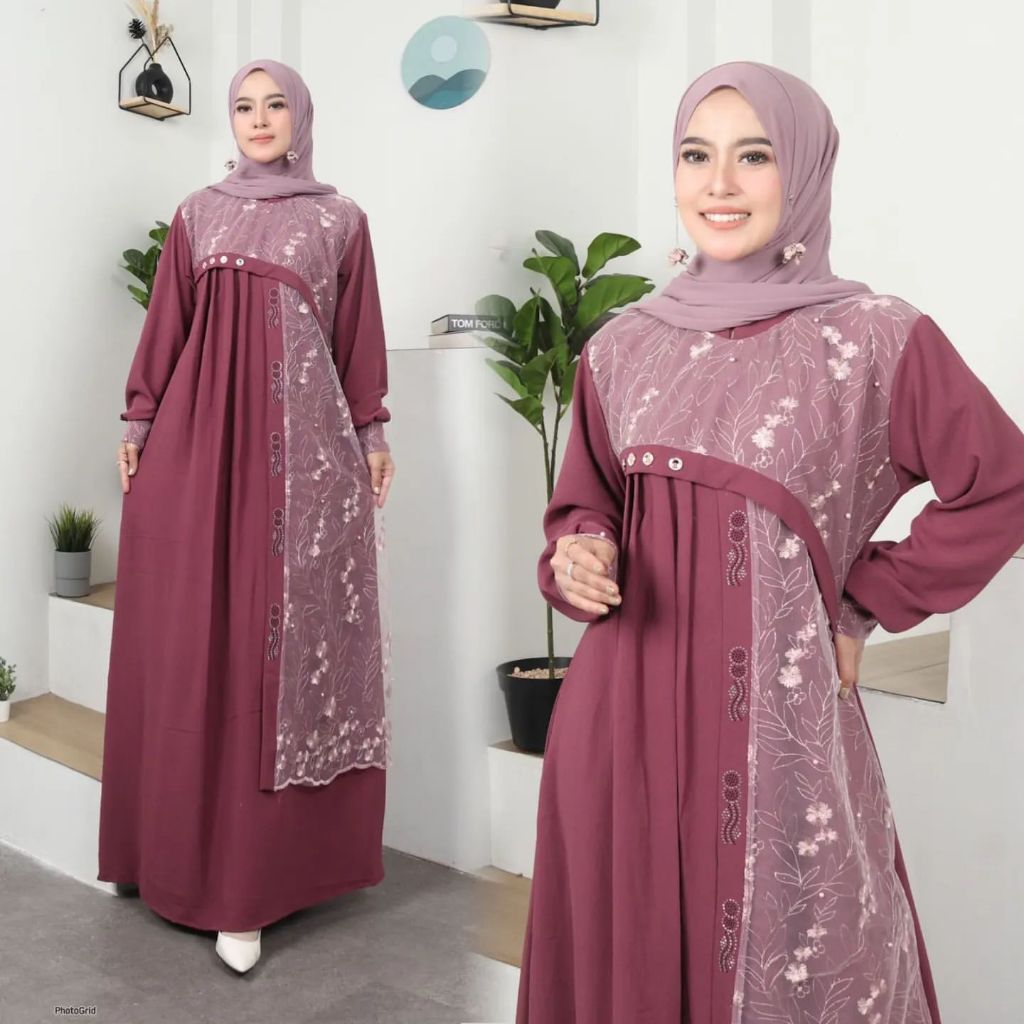 SALEHAH DRESS MATT CRINKLE MIX BROKAT / GAMIS REMAJA BROKAT / OUTFIT GAMIS SYARI LENGAN PANJANG / GA