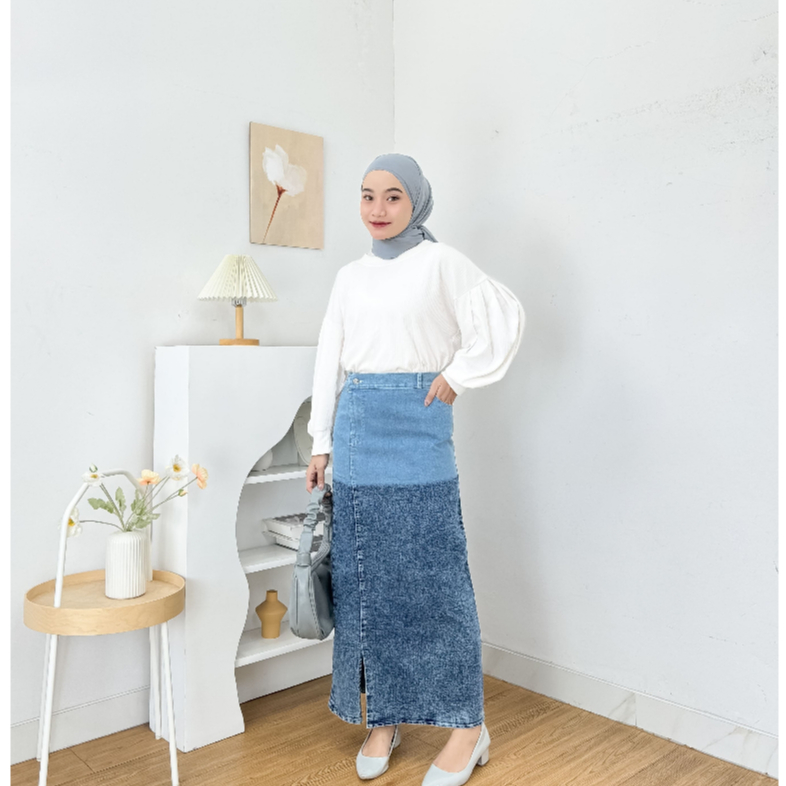 Rok Skirt Jeans Gradasi Two Tone  Rok Span Levis Highwaist Wanita Korean Style Streach Belah Samping