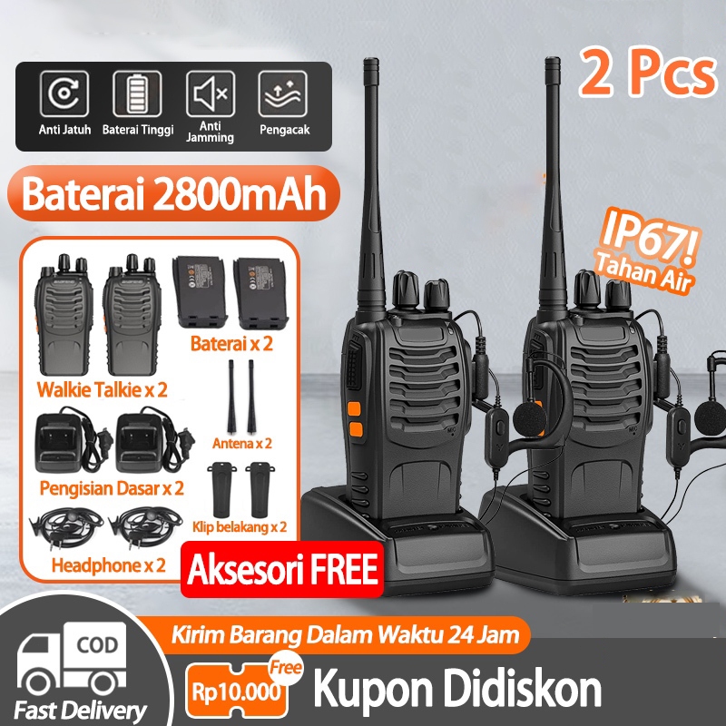 Mini Jarak Jauh 2 Units Walkie Talkie 10km(Max) 2800mAH HT Handy Talky Waterproof Portable Walkie