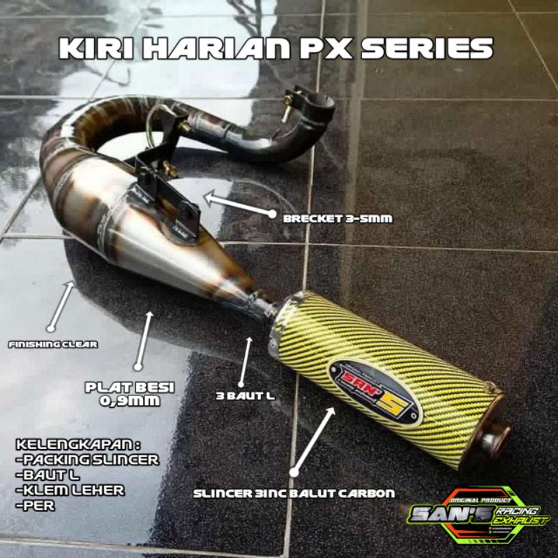 knalpot Vespa big carbon yelow px150 series buang kiri San's racing exhaust