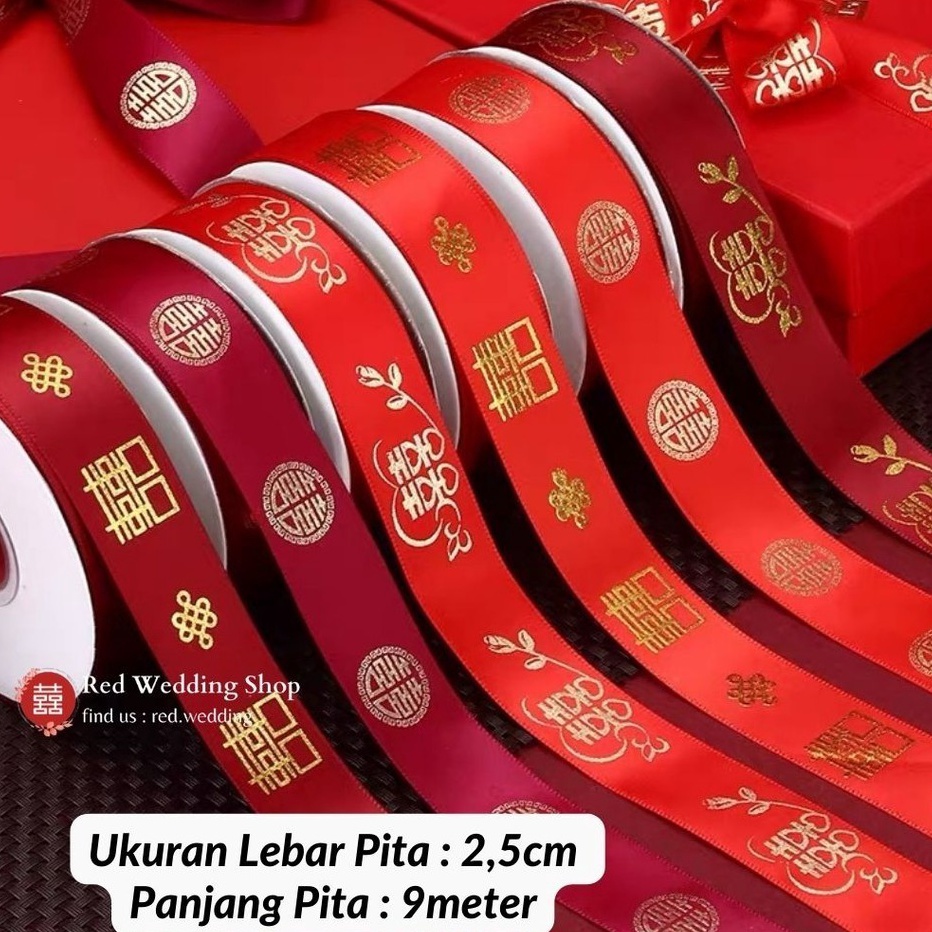 

PROMO BESAR Tali Pita LOGO Shuang Xi Emas Gold Wedding Sangjit Kado Per Roll 22meter