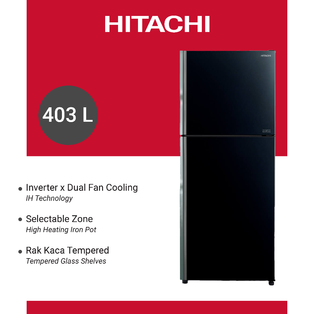 HITACHI Kulkas 2 Pintu  Inverter 365L Stylish Line Glass Black R-VGX45PGD9