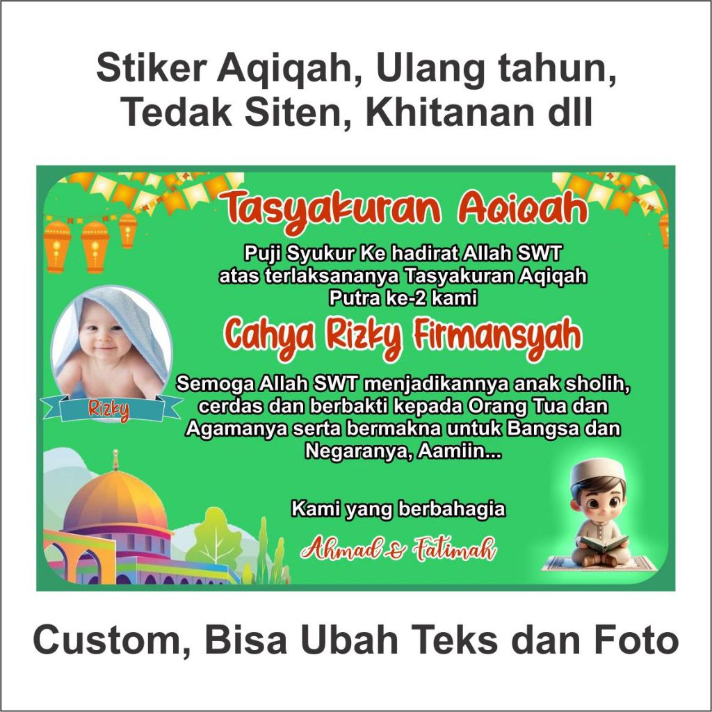 

Stiker Ulang Tahun, Aqiqah, Tedak Siten, Khitanan dan Custom acara Lain Bisa Ganti / tambah Teks Tulisan dan Foto, Stiker Snack, Stiker Jajan