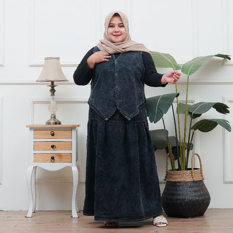 Bertha Setelan Rok + Rompi jeans wanita Jumbo Ld 130 Terbaru Termurah
