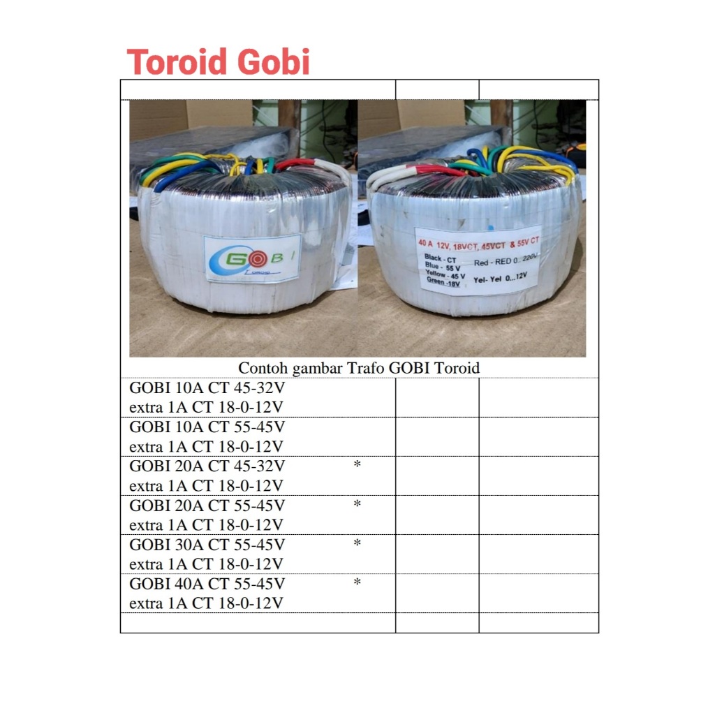 Trafo Toroid Gobi 20A ct45V