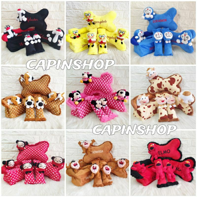 3IN1 TULANG BONEKA //Aksesoris Bantal Headrest Mobil Stitch cars keroppi spiderman barney panda