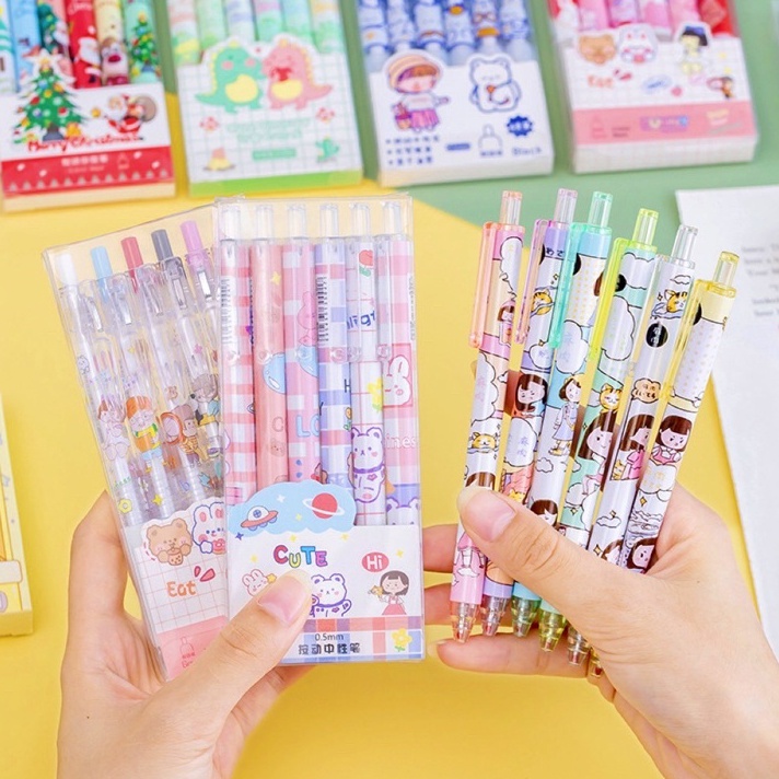 

ORIGINAL 6 PCSSET 5mm tinta hitam tekan kartun lucu gel pena kantor siswa pena alat tulis