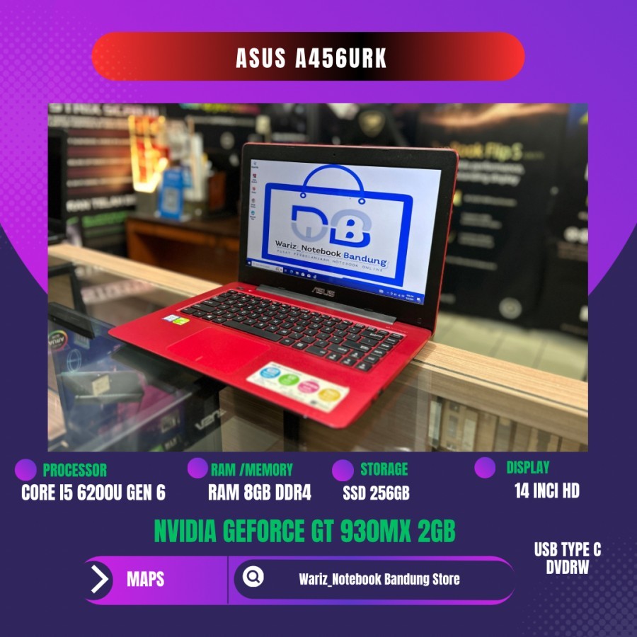 ASUS A456UR CORE I5 6200U RAM 8GB SSD 256GB NVIDIA GT 930MX 2GB 14INCI MULJS KINCLONG