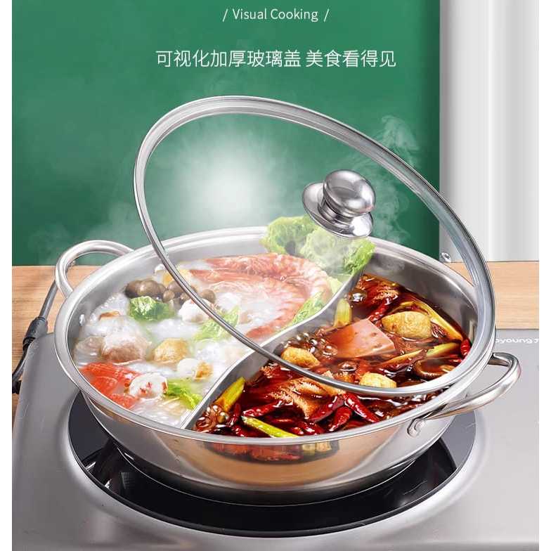 Panci Sangwo Shabu // Penutup Kaca Tebal Sekat 2 Sukiyaki Hotpot Steamboat Stainles