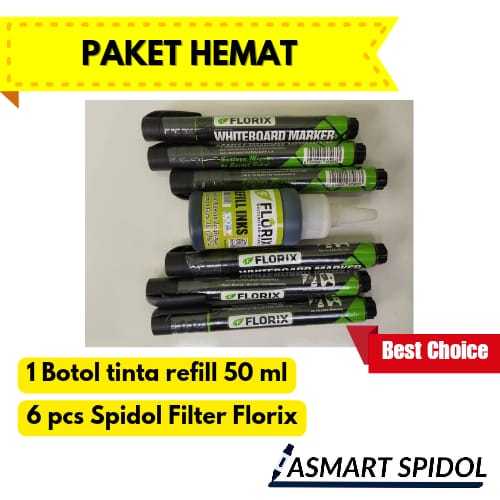 

PAKET HEMAT Spidol Whiteboard Florix FILTER 6 Pcs dan 1 Botol Tinta Refill 50ml