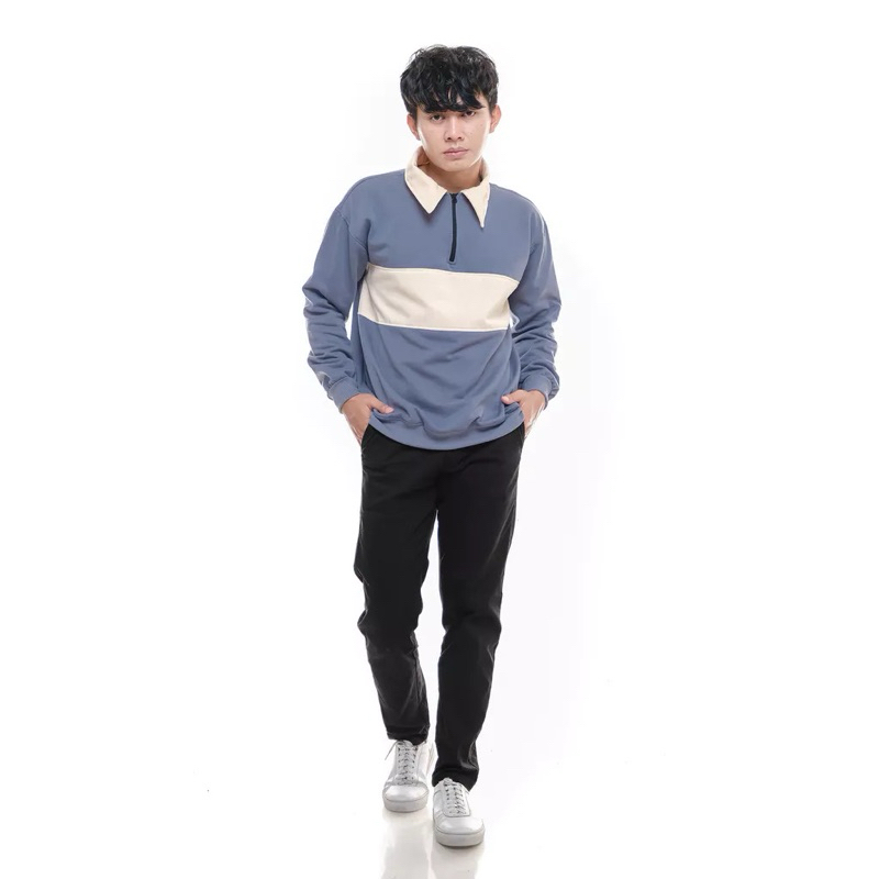 Sweater Halfzip Rugby Salur Pria-Wanita Unisex M-XXL