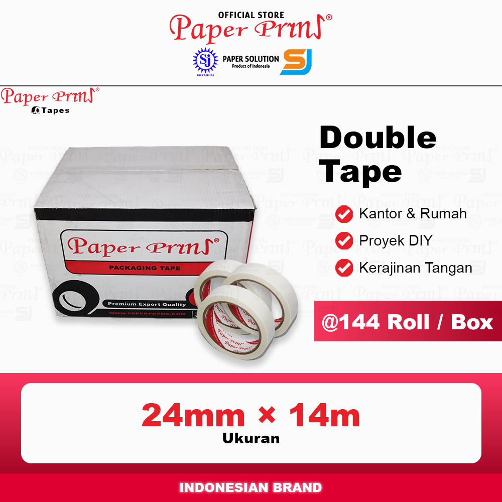 

Double Tape Kertas 1 Inch Paperpryns 24mm x 14m (@1 Box isi 144 Roll)