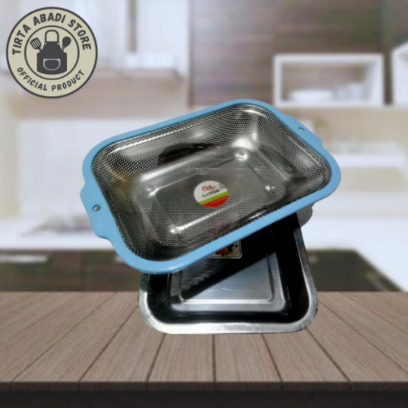 PROMO NAMPAN + BAKI SARINGAN TINGGI LIS PLASTIK BIRU / BAKI IRISAN STAINLESS BUAH SAYUR & MAKANAN