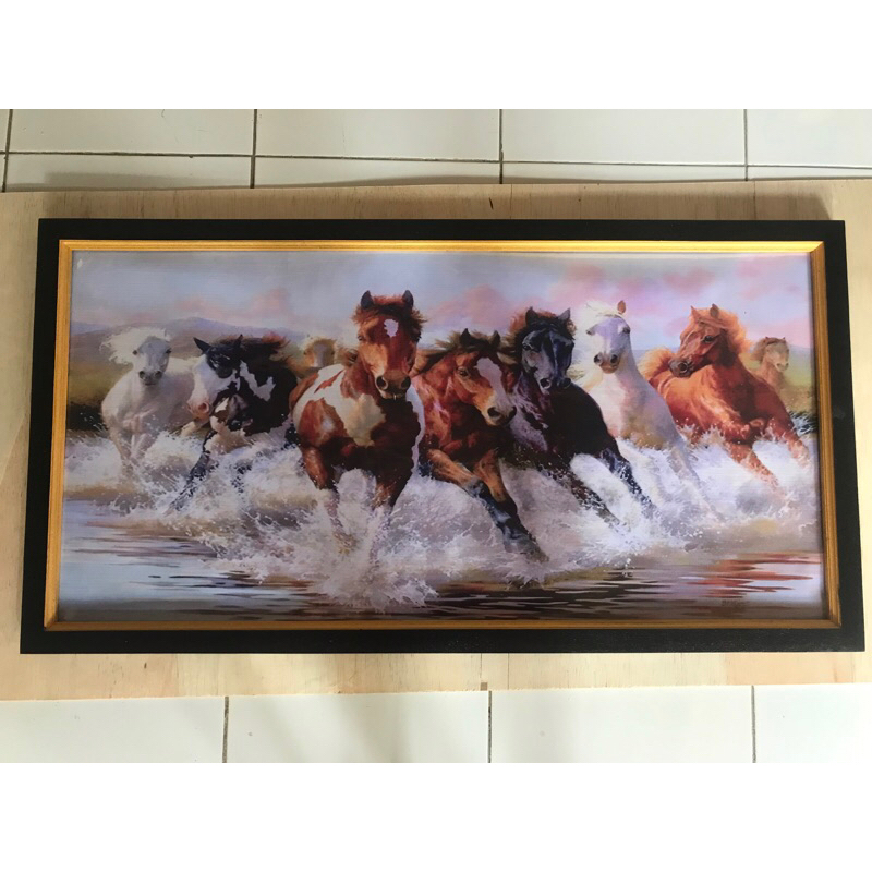 hiasan dinding lukisan cetak gambar kuda liar diair plus bingkai uk 100x50cm