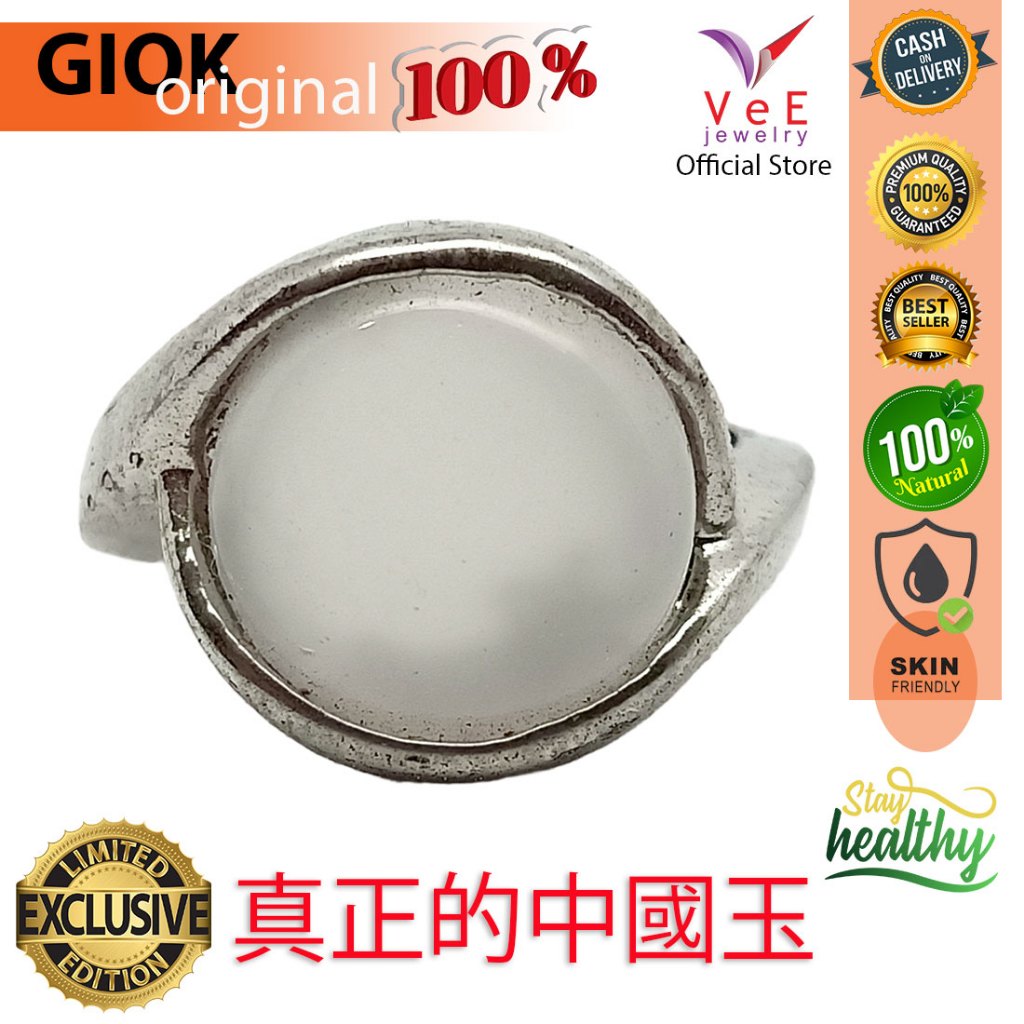 Cincin Wanita Batu Giok Putih Susu Natural Alami Asli Cina Sterling Silver Model 11 - VeE Jewelry Ci