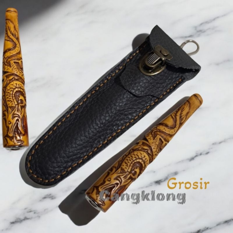 Pipa Once Sari gading Motif ukir Naga+Sarung kulit keren asli 11/12cm
