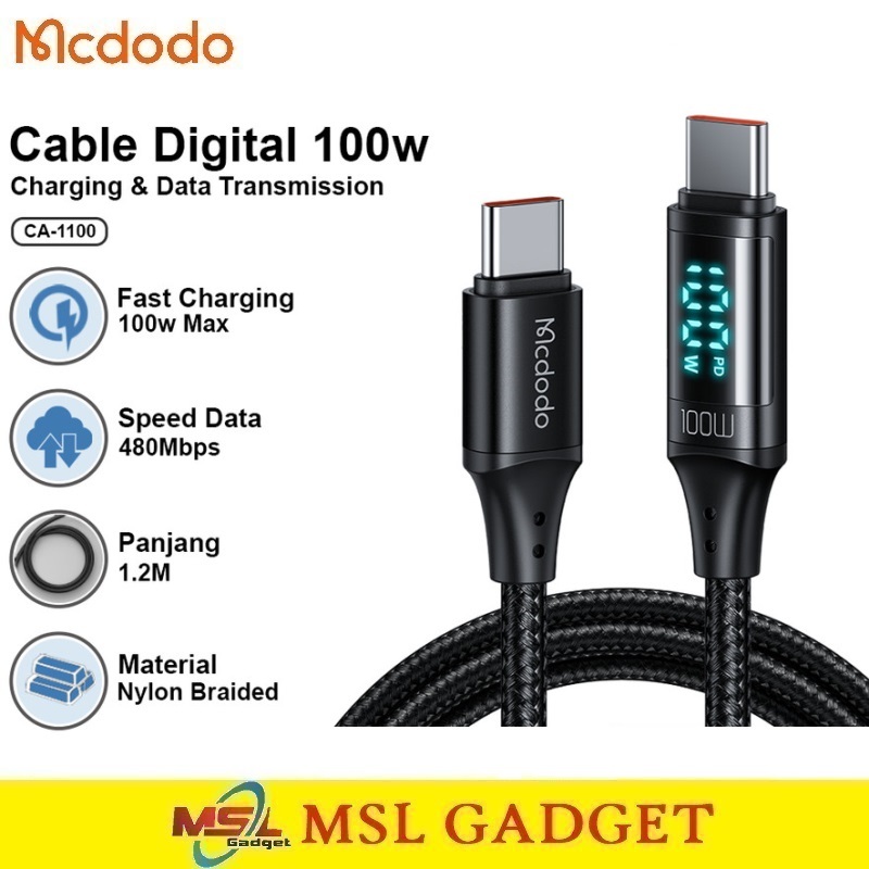 Mcdodo Kabel Data USB Type C to Type C 5A 100W PD SFC Super Fast Charging Digital Display Nylon