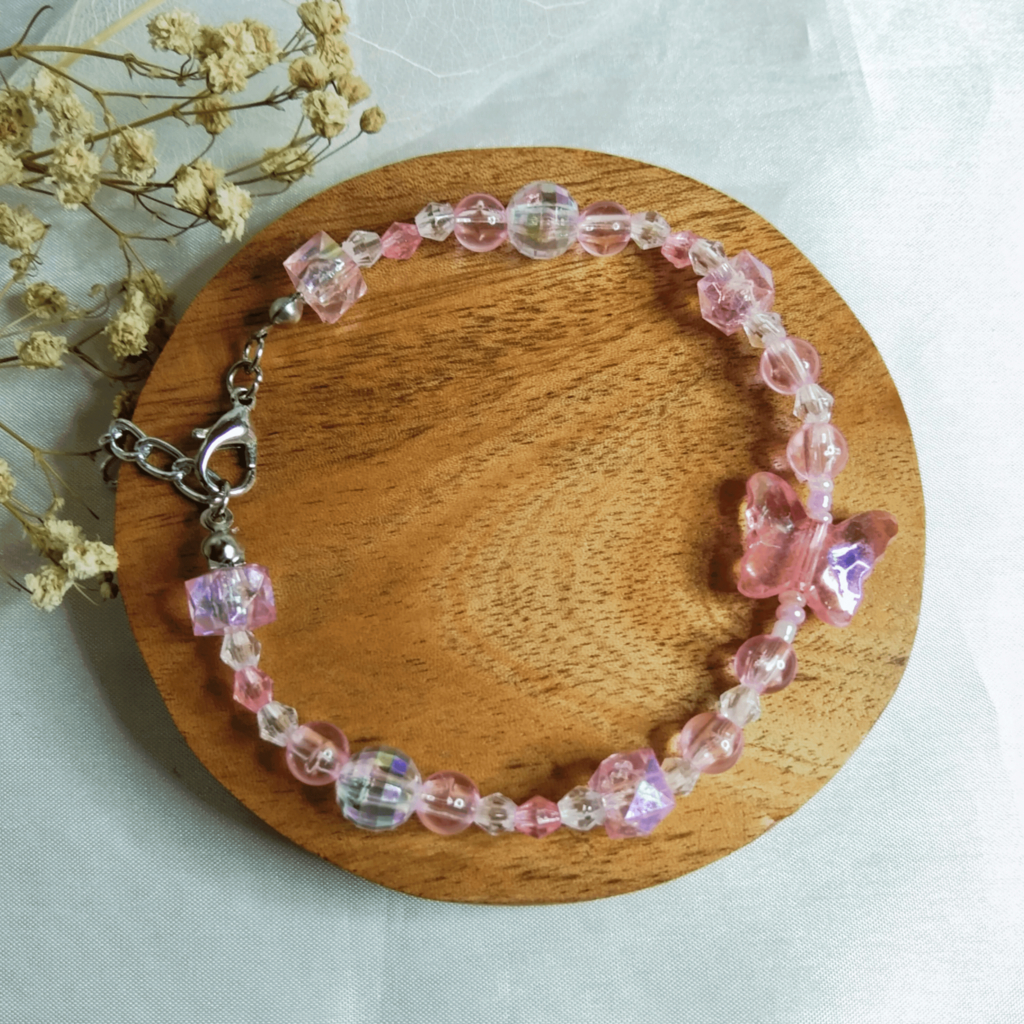 Gelang Aesthetic Kupu-Kupu - Manik-manik Kristal Bening Berkilau - Butterfly Bracelet - Handmade