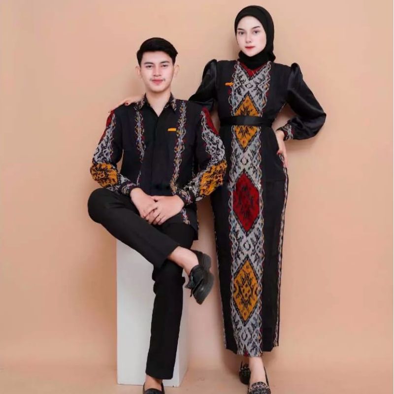 Baju Tenun Couple Series Padma Warna Black Mix Dress Padma X Kemeja Tenun Ethnik Gamis Wanita Pasang