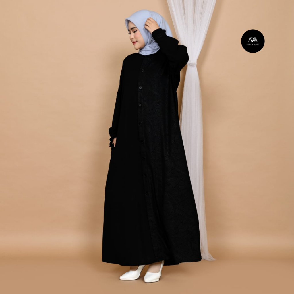 Atqia_Mart - Dress Abaya Hitam Kombinasi Full Kancing Gamis Black Embos Premium