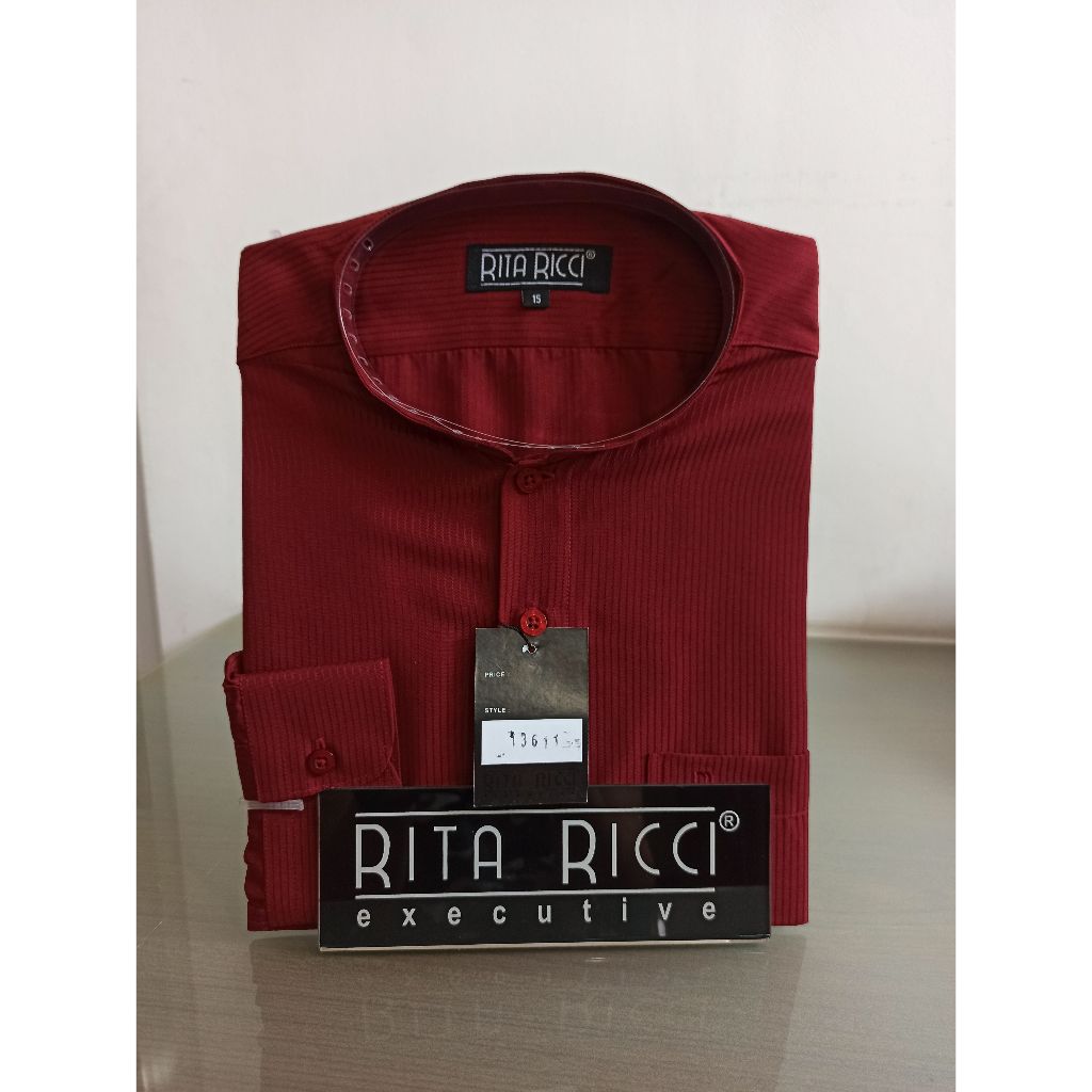 Kemeja Pria Rita Ricci Reguler Kerah Koko motif dolby garis warna merah lengan panjang dan pendek ar