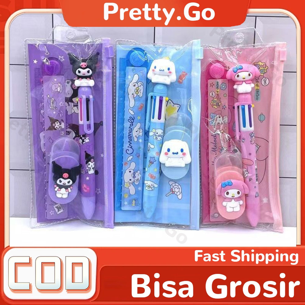 

3 in 1 Alat Tulis Anak Sekolah Penggaris Pensil Karakter Lucu Kuromi Cinamonrol Melody Set Pouch Plastik