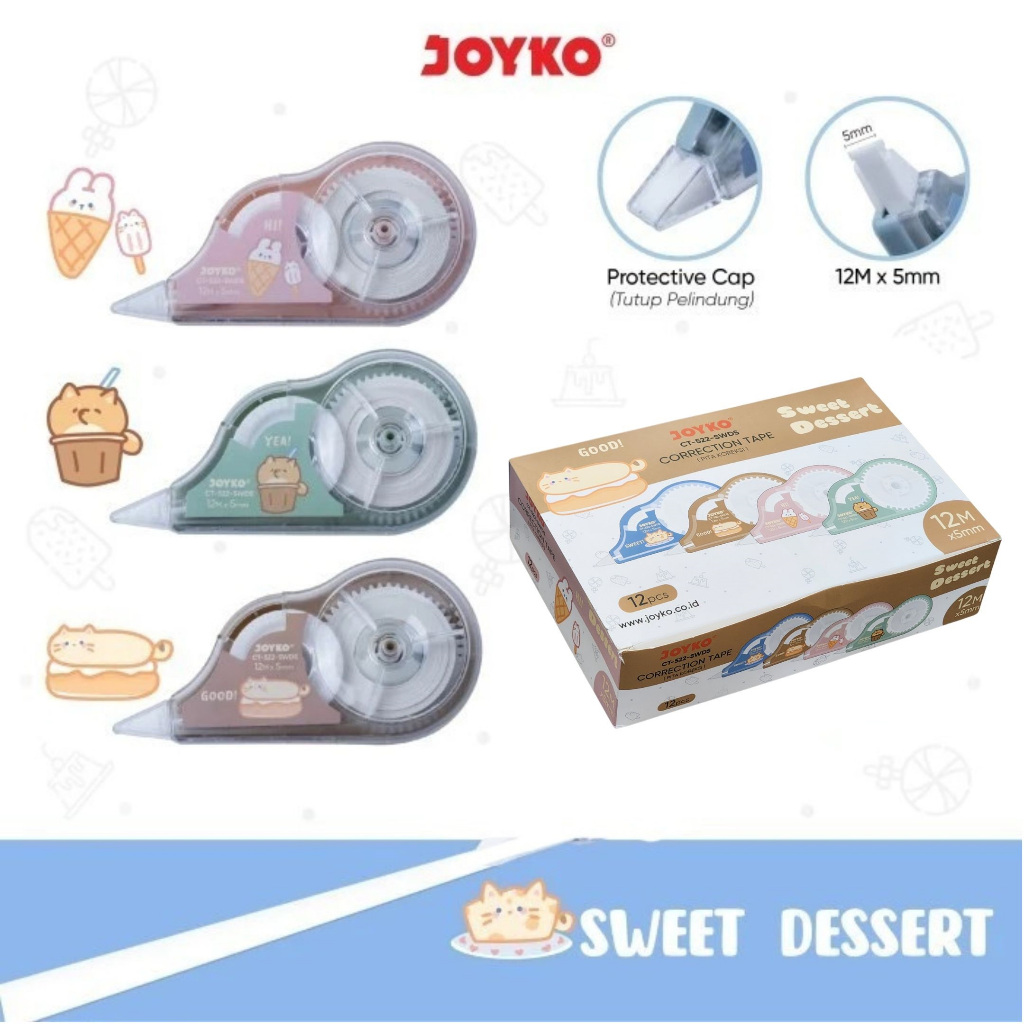 

1 LSN / 12 Pcs Pita Koreksi Correction Tape Joyko CT-522-SWDS Sweet Dessert