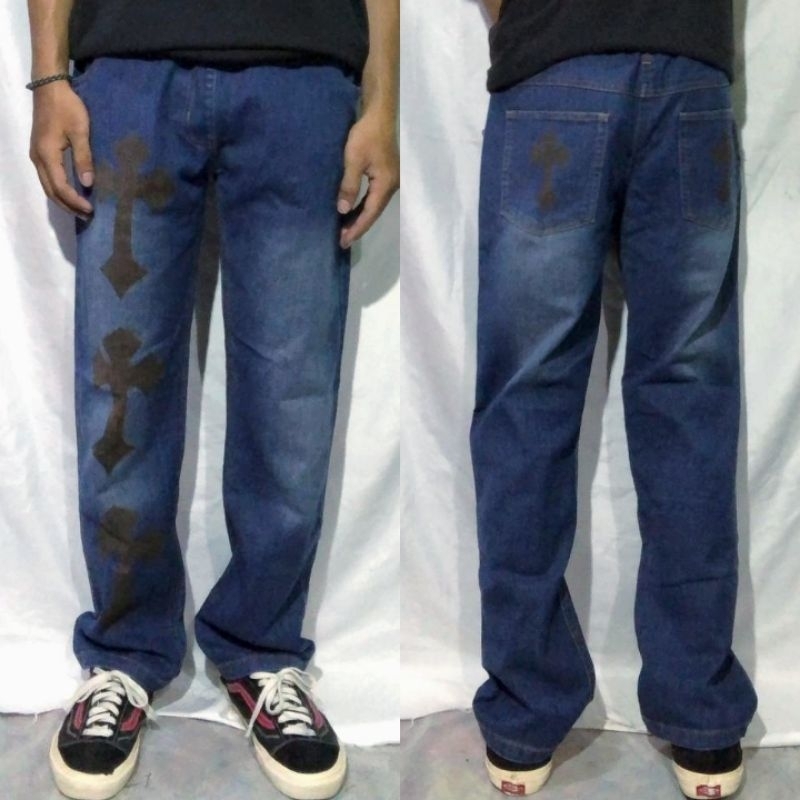 Celana Panjang Longpants Jeans Relax Blue Washed Fading Regular Custom Cross Chrome Hearts Second Pr