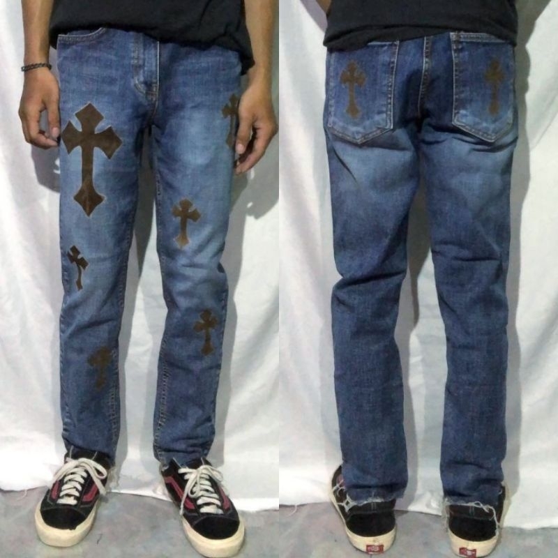 Celana Panjang Longpants Jeans Ybrand Blue Washed Fading Slim Straight Custom Cross Chrome Hearts Or