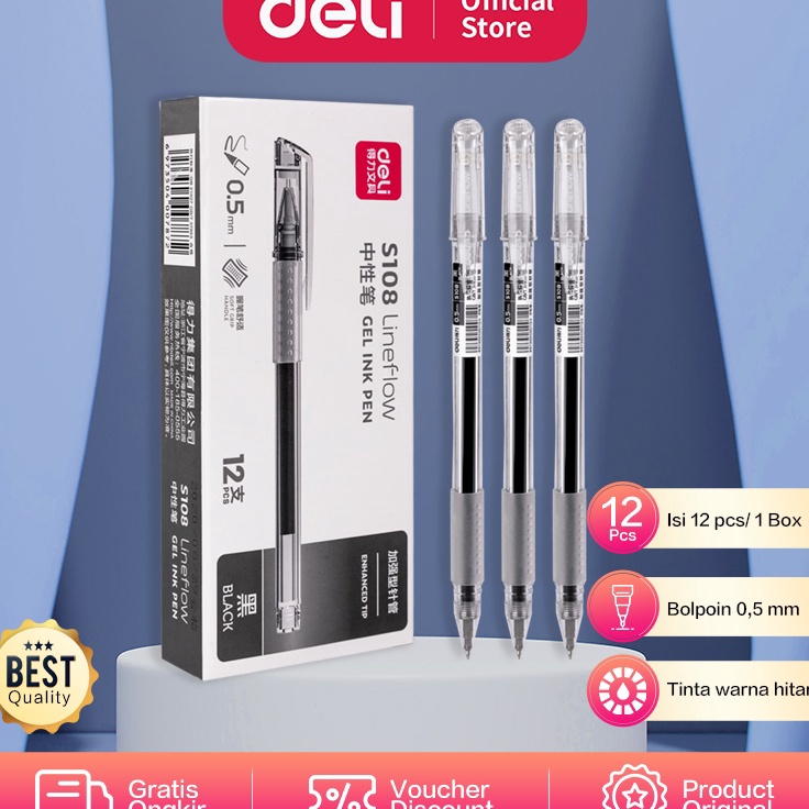 

HEMAT Deli Gel Pen Pulpen Gel 5mm Tinta Hitam Isi 12 Penulisan Halus Pegangan Nyaman S18