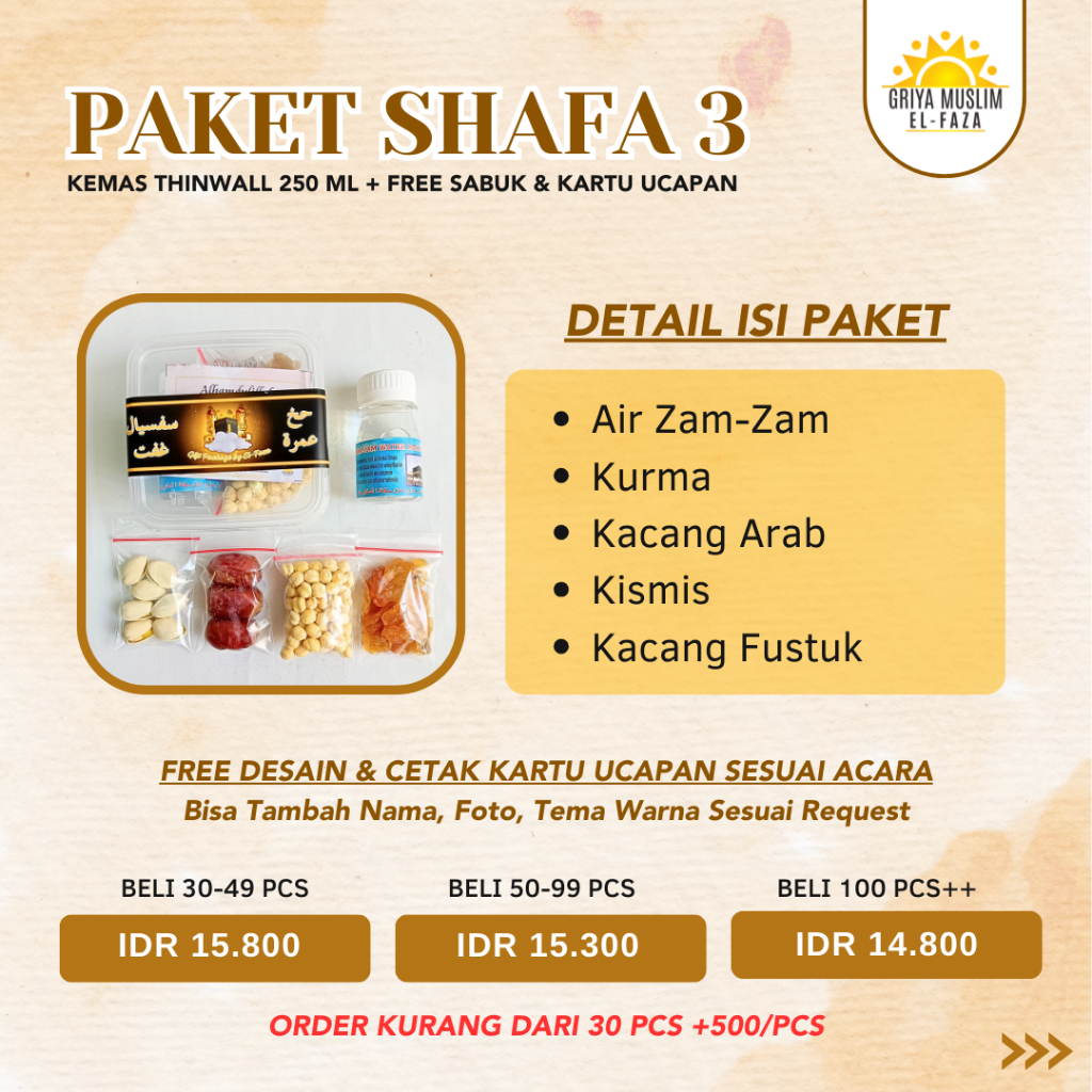 

PAKET SHAFA 3 Kemas Thinwall | Snack Arab | Oleh-Oleh Haji | Oleh-Oleh Umroh | Air Zam Zam | Kurma | Kacang Arab |