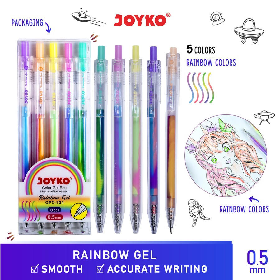 

Color Gel Pen Pena Jel Warna Joyko GPC-324 Rainbow Gel 5 Warna 0.5 mm