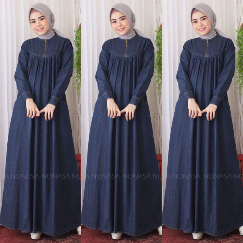 Gamis jeans/gamis jeans terbaru 2026/Dress Denim wanita/gamis jeans jumbo