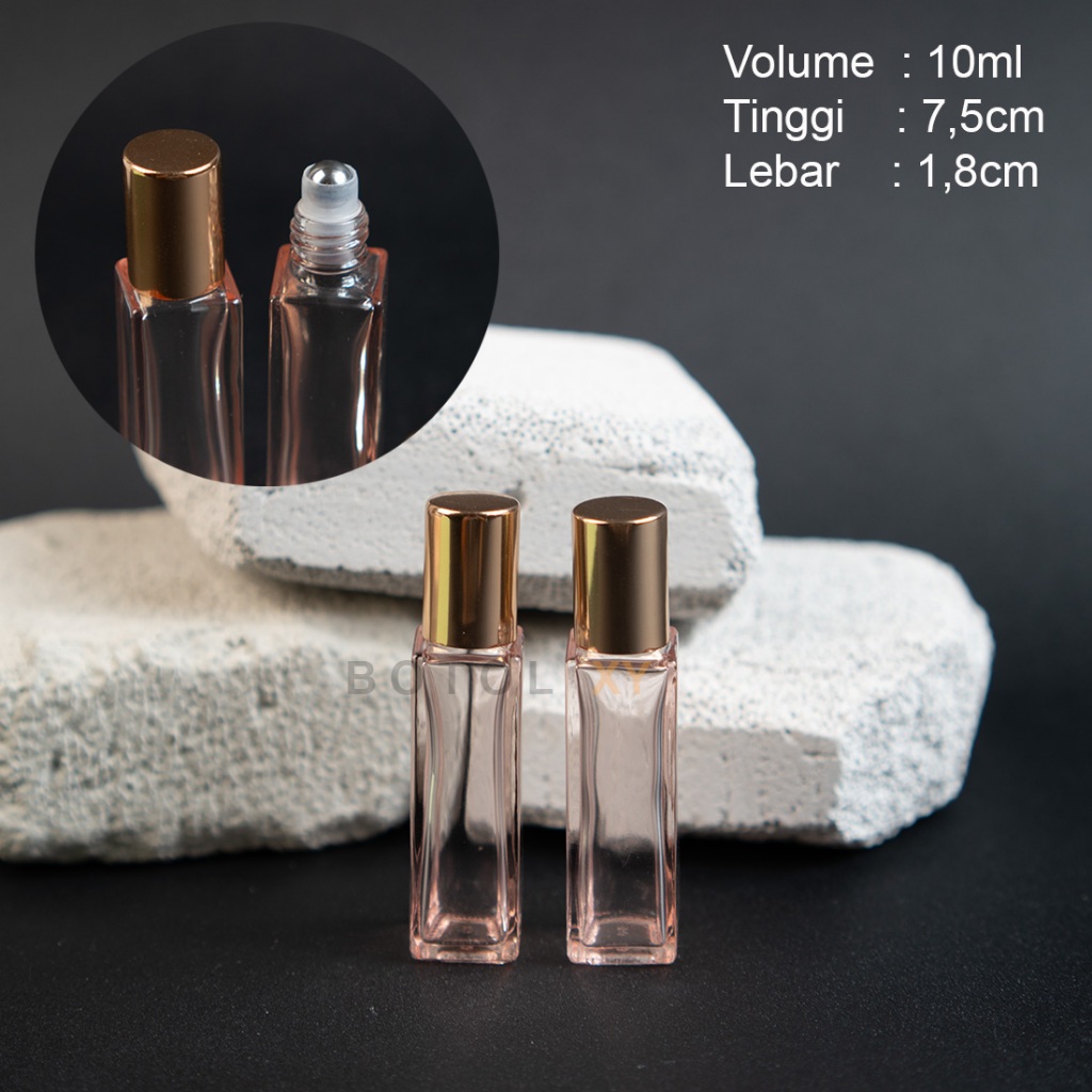 Botol Roll on 10ml Kaca PINK TRANSPARAN Kotak Tebal Bola Besi - Essential Oil Parfum Travel