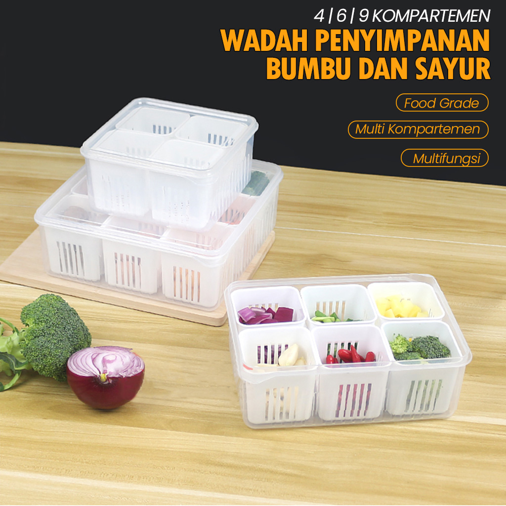 NEW Kotak Penyimpanan Sayur Cabe Kontainer Kulkas dengan Saringan Wadah Penyimpanan Kulkas 9 Sekat /
