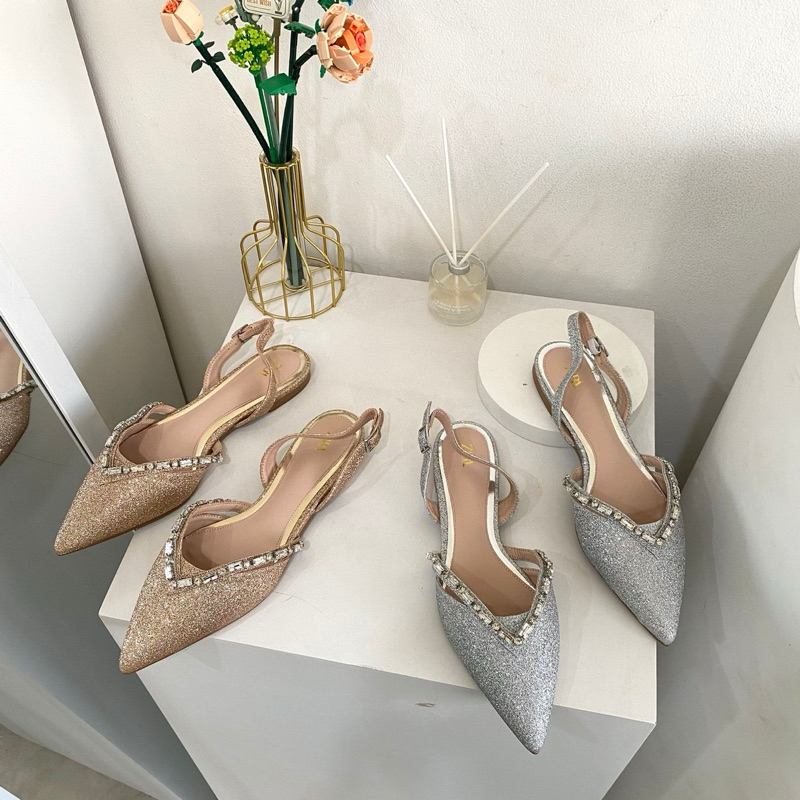 Glitter flatshoes slingback with simple diamond by Zara high quality fashion shoes sepatu flat wanit