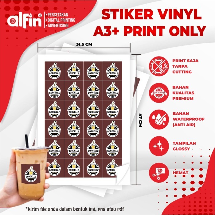 

CETAK STIKER A3+ VINYL ANTI AIR /TRANSPARANT [ PRINT ONLY ] LABEL KEMASAN/stiker vinyl