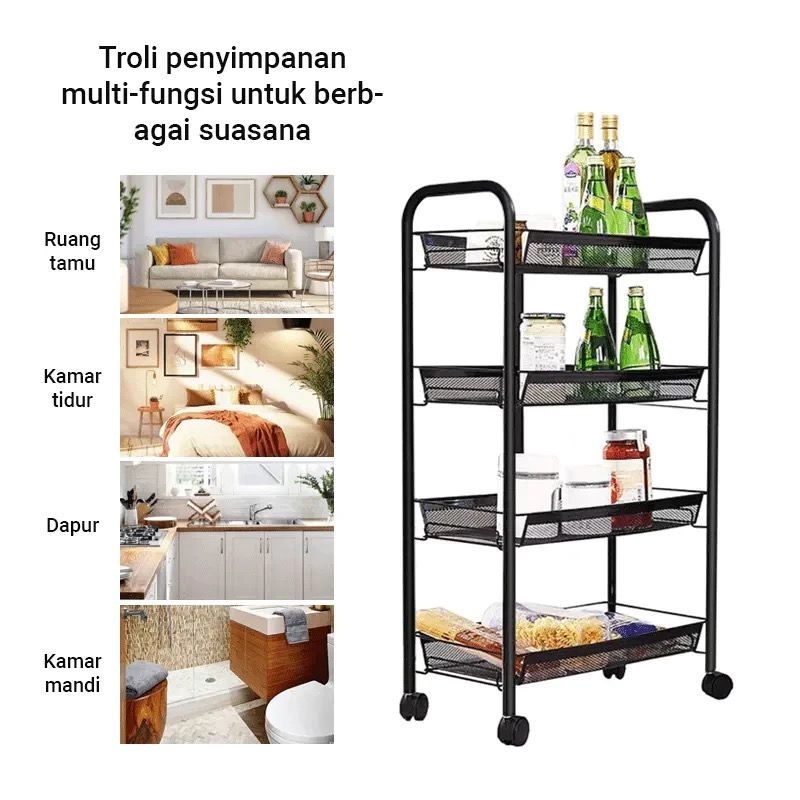Mehaa Rak penyimpanan troli besi empat susun Rak Troli Susun Rak Roda Rak Lantai Beroda Rak