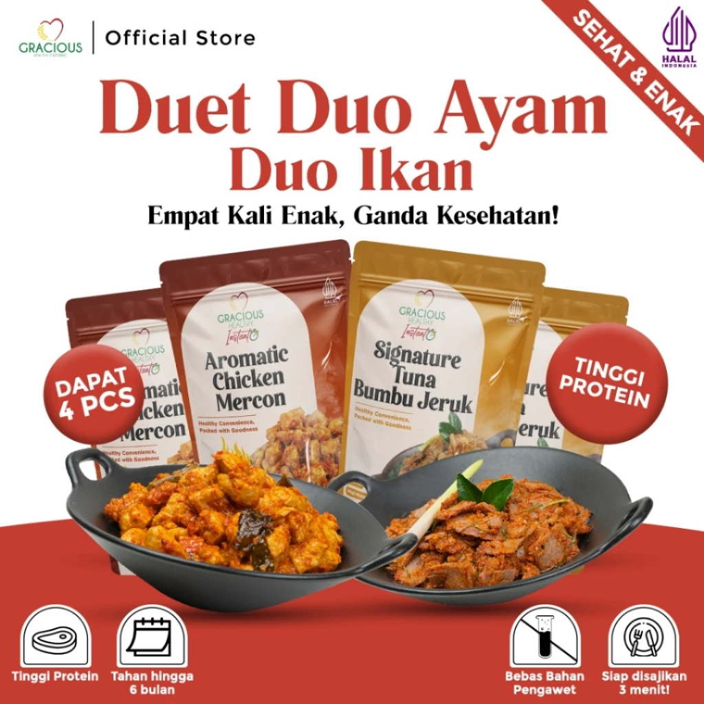 

PAKET COMBO 4 PCS DUO AYAM DUO IKAN (2 PCS AROMATIC CHICKEN MERCON + 2 PCS TUNA BUMBU DAUN JERUK) - MAKANAN DIET INSTANT SIAP SAJI TINGGI PROTEIN RENDAH KALORI HEMAT BIAYA COCOK UNTUK ANAK KOST, KANTORAN & GYM