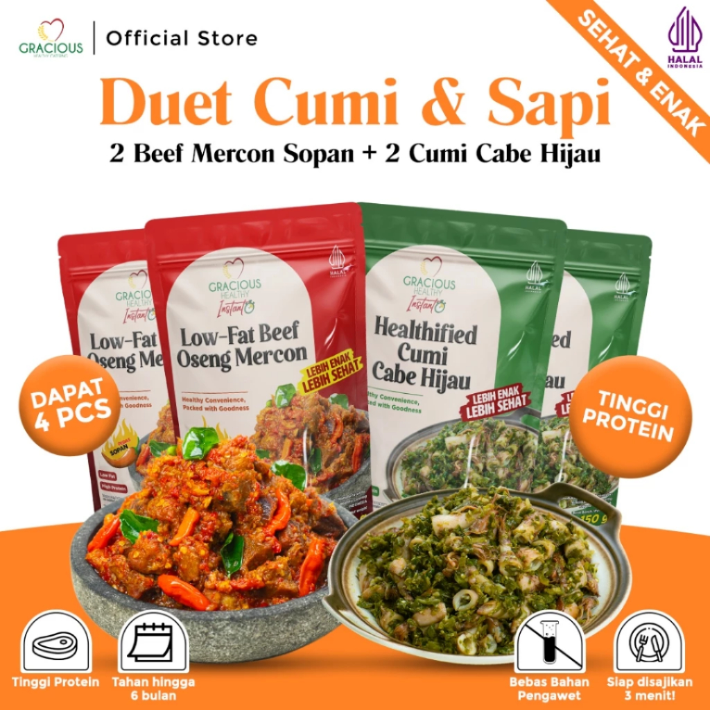 

PAKET COMBO SPECIAL 4 PCS DUO SAPI DUO CUMI ( 2 PCS BEEF OSENG MERCON + 2 PCS CUMI CABE HIJAU) - MAKANAN DIET INSTANT SIAP SAJI TINGGI PROTEIN RENDAH KALORI HEMAT BIAYA COCOK UNTUK ANAK KOST, KANTORAN & GYM