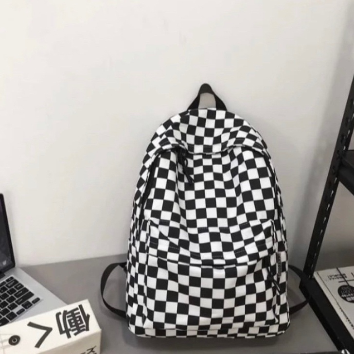 Terbatas Tas ransel sekolah Motif Catur warna hitam  Tas Sekolah Pria Wanita  Tas Ransel