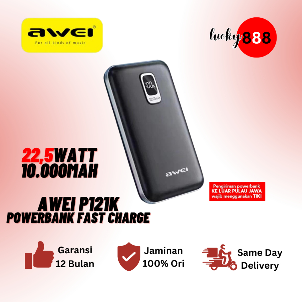 AWEI Power Bank 20000mAh Mini Portable Fast Charging iPhone PD 22.5W - P121K Hitam