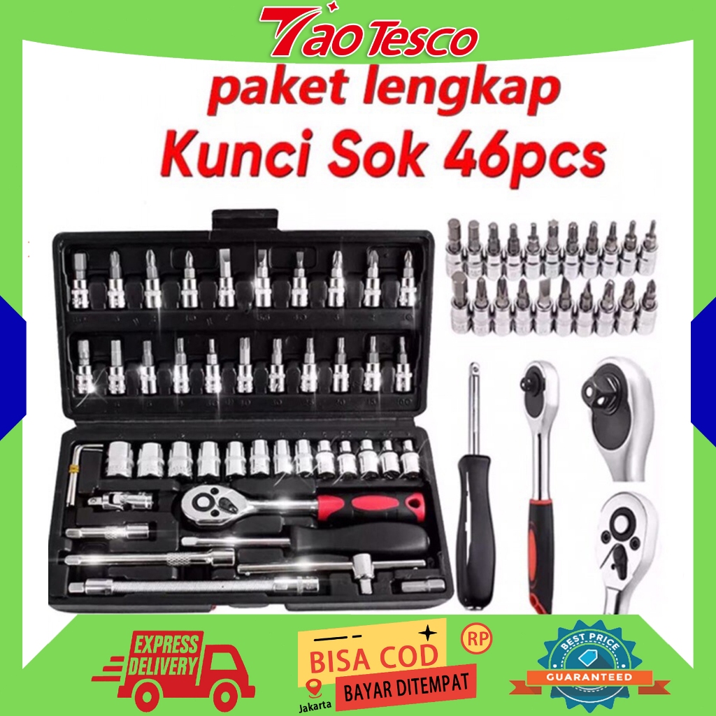 （ORI,COD)Set Kunci Sok Kunci Shock 46 pcs Mobil Motor Lengkap Socket Tool Kit Pas Ring L Motor Mobil