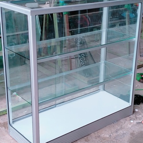 Etalase warung 1 meter kaca 4 rak kunci dan roda | etalase aluminium