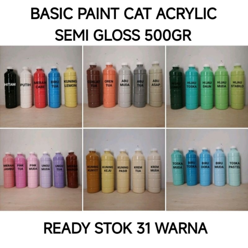 

BASIC PAINT CAT AKRILIK SEMI GLOSS 500GR cet lukis premium satuan murah untuk lukis kanvas dasar mural tembok kayu clay gypsum pot sepatu mewarnai styrofoam dll waterbase - armina art