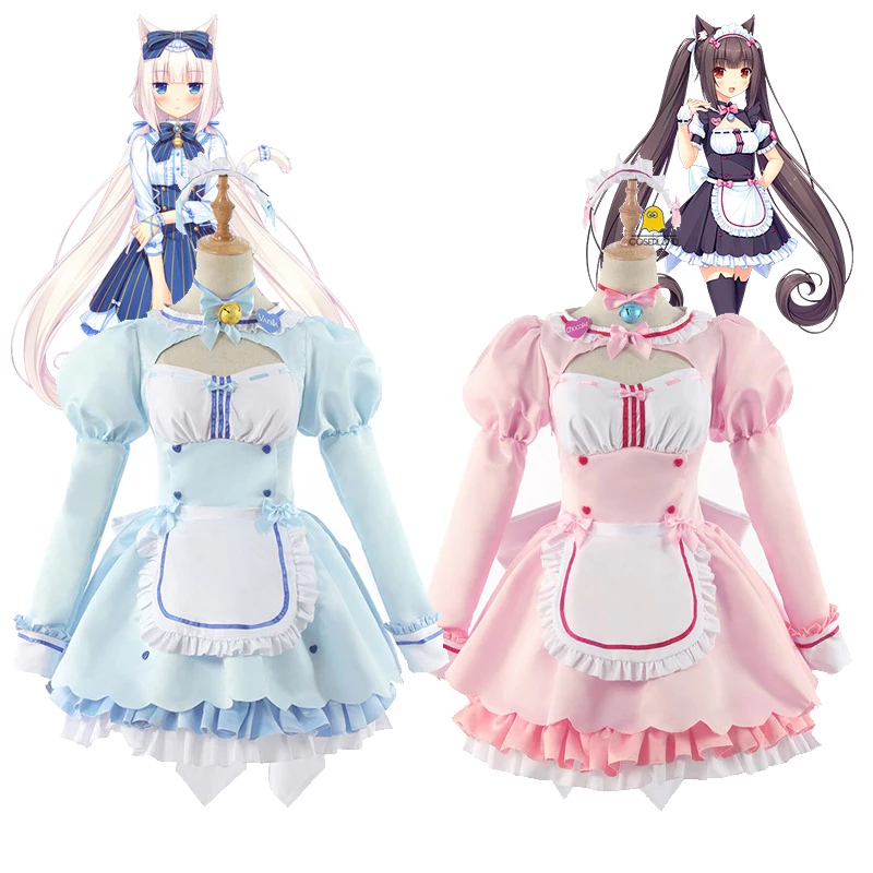 Nekopara Chocola Vanilla Dress Blue Pink Lolita Maid Cosplay Costume For Girls Women Halloween Show